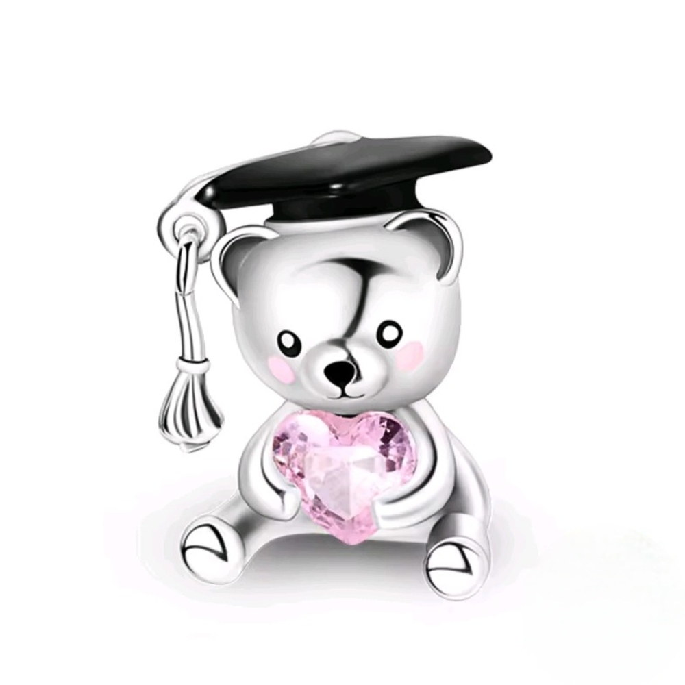 Graduation Teddy Bear Charm with Pink Heart